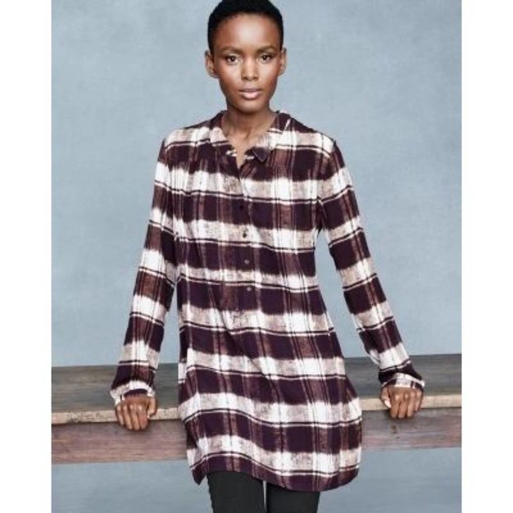 Garnet Hill Tunic Top Popover Plaid Pocket Detail Crepe Burgundy Striped Sz 16